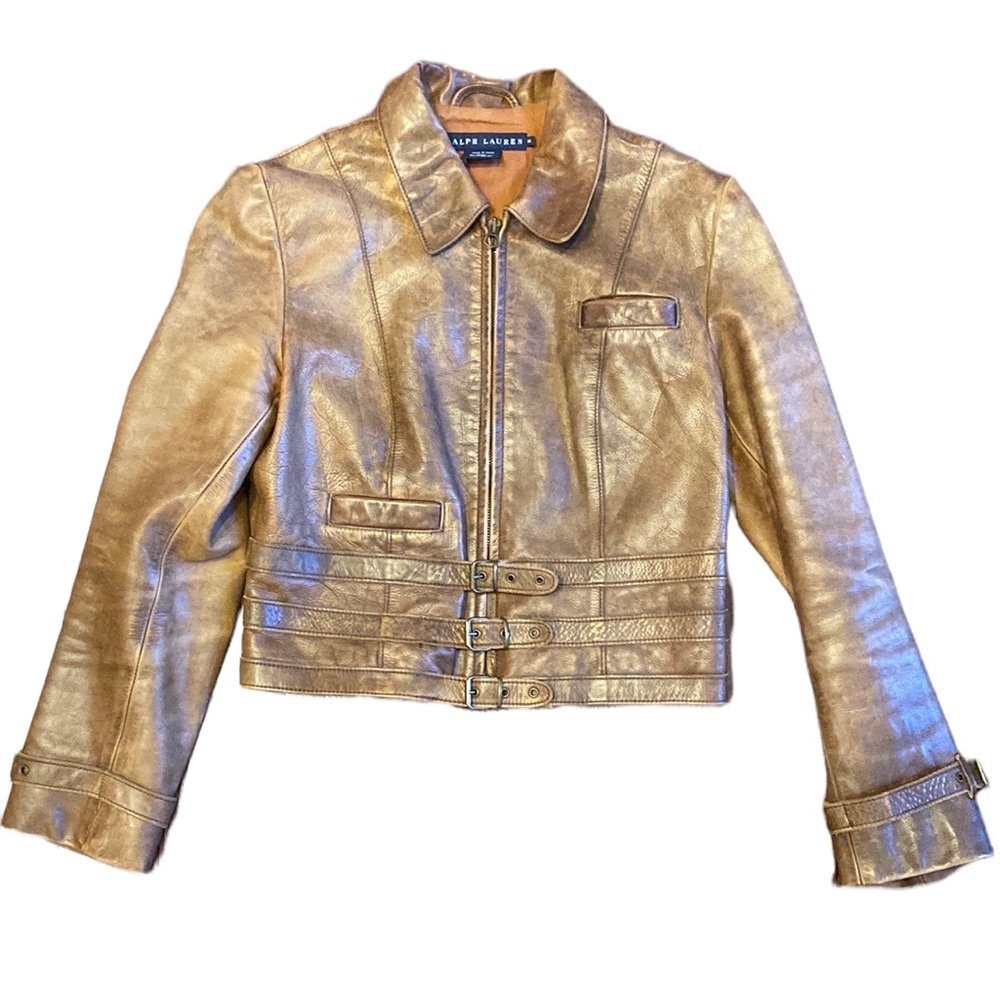 Ralph Lauren Blue Label Aviator Strap Cropped Brown Leather Jacket